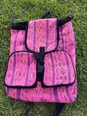 Women's Pink Drawstring Backpack with Front Pockets and Buckle